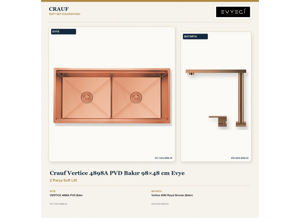 Crauf Vertice 4898A PVD Bakır 98×48 cm Evye + Vertice 4050 Royal Bronze (Bakır) Batarya | 2 Parça Soft Lift