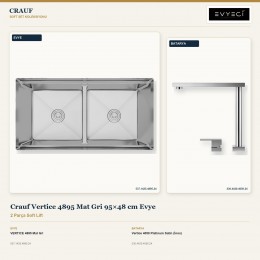 Crauf Vertice 4895 Mat Gri 95×48 cm Evye + Vertice 4050 Platinum Satin (İnox) Batarya | 2 Parça Soft Lift