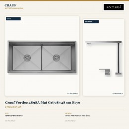 Crauf Vertice 4898A Mat Gri 98×48 cm Evye + Vertice 4050 Platinum Satin (İnox) Batarya | 2 Parça Soft Lift