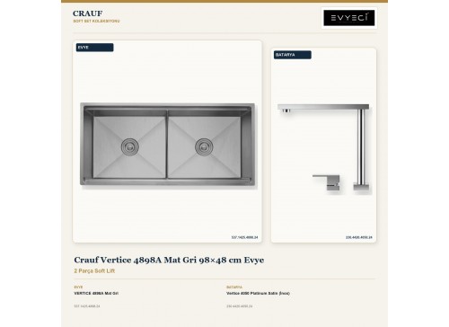 Crauf Vertice 4898A Mat Gri 98×48 cm Evye + Vertice 4050 Platinum Satin (İnox) Batarya | 2 Parça Soft Lift