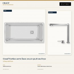 Crauf Vertice 2070 İnox 101,6×50,8 cm Evye + Vertice 4055 Platinum Satin (İnox) Batarya | 2 Parça Soft Pure