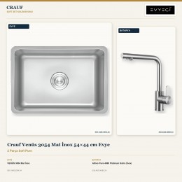 Crauf Venüs 3054 Mat İnox 54×44 cm Evye + Attivo Pure 4065 Platinum Satin (İnox) Batarya | 2 Parça Soft Pure