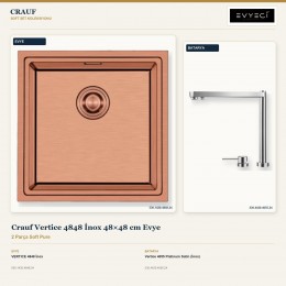 Crauf Vertice 4848 İnox 48×48 cm Evye + Vertice 4055 Platinum Satin (İnox) Batarya | 2 Parça Soft Pure