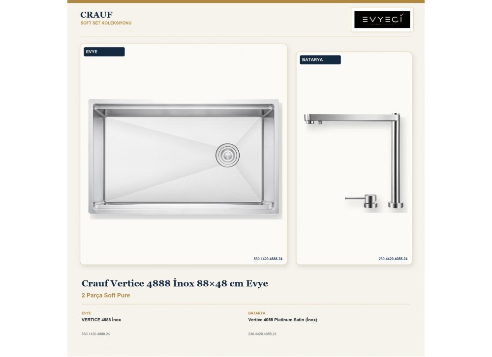 Crauf Vertice 4888 İnox 88×48 cm Evye + Vertice 4055 Platinum Satin (İnox) Batarya | 2 Parça Soft Pure Crauf Vertice 4888 İnox 88×48 cm Evye + Vertice 4055 Platinum Satin (İnox) Batarya | 2 Parça Soft Pure
