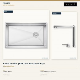 Crauf Vertice 4888 İnox 88×48 cm Evye + Vertice 4055 Platinum Satin (İnox) Batarya | 2 Parça Soft Pure