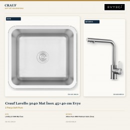 Crauf Lavello 3040 Mat İnox 45×40 cm Evye + Attivo Pure 4065 Platinum Satin (İnox) Batarya | 2 Parça Soft Pure