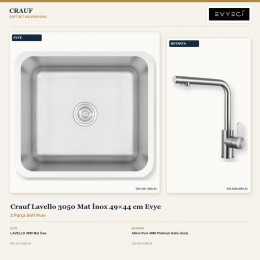 Crauf Lavello 3050 Mat İnox 49×44 cm Evye + Attivo Pure 4065 Platinum Satin (İnox) Batarya | 2 Parça Soft Pure