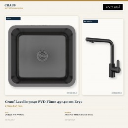 Crauf Lavello 3040 PVD Füme 45×40 cm Evye + Attivo Pure 4065 Dark Graphite (Füme) Batarya | 2 Parça Soft Pure