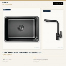 Crauf Venüs 3049 PVD Füme 49×44 cm Evye + Attivo Pure 4065 Dark Graphite (Füme) Batarya | 2 Parça Soft Pure