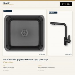 Crauf Lavello 3050 PVD Füme 49×44 cm Evye + Attivo Pure 4065 Dark Graphite (Füme) Batarya | 2 Parça Soft Pure