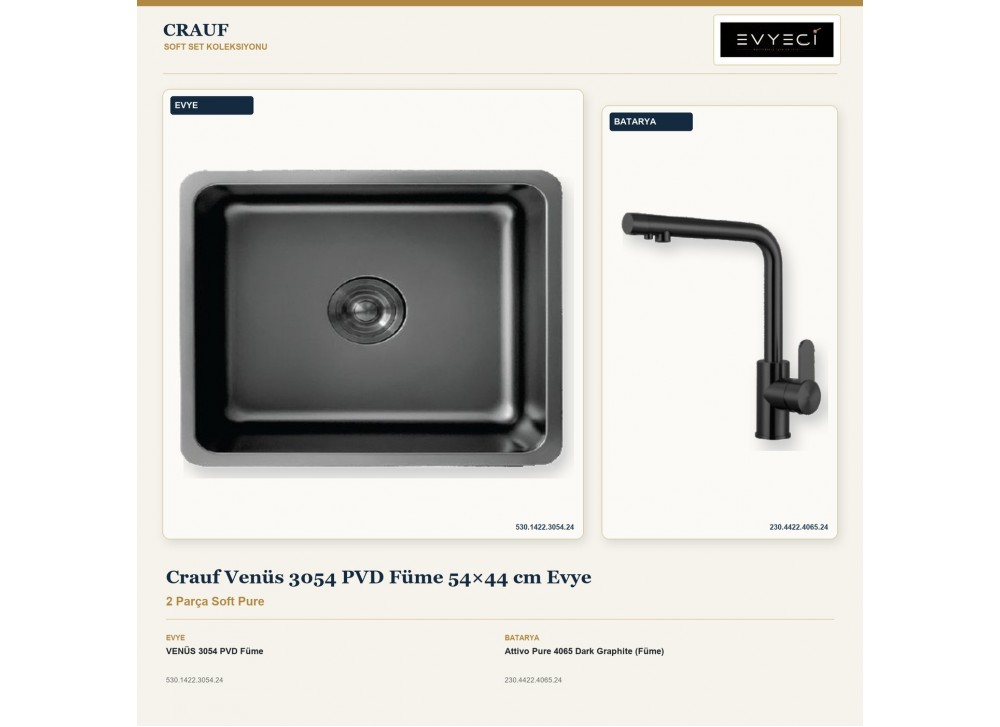 Crauf Venüs 3054 PVD Füme 54×44 cm Evye + Attivo Pure 4065 Dark Graphite (Füme) Batarya | 2 Parça Soft Pure Crauf Venüs 3054 PVD Füme 54×44 cm Evye + Attivo Pure 4065 Dark Graphite (Füme) Batarya | 2 Parça Soft Pure
