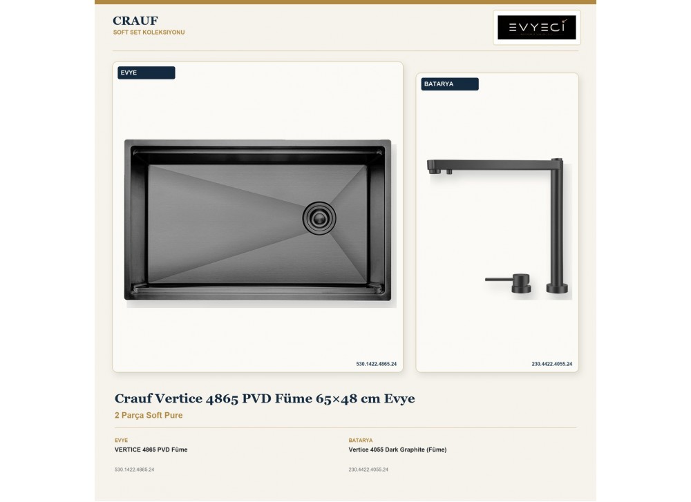 Crauf Vertice 4865 PVD Füme 65×48 cm Evye + Vertice 4055 Dark Graphite (Füme) Batarya | 2 Parça Soft Pure Crauf Vertice 4865 PVD Füme 65×48 cm Evye + Vertice 4055 Dark Graphite (Füme) Batarya | 2 Parça Soft Pure