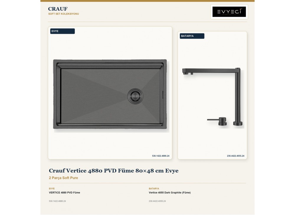 Crauf Vertice 4880 PVD Füme 80×48 cm Evye + Vertice 4055 Dark Graphite (Füme) Batarya | 2 Parça Soft Pure