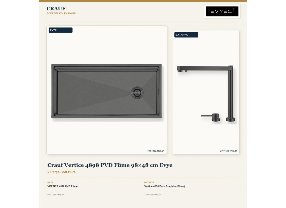 Crauf Vertice 4898 PVD Füme 98×48 cm Evye + Vertice 4055 Dark Graphite (Füme) Batarya | 2 Parça Soft Pure Crauf Vertice 4898 PVD Füme 98×48 cm Evye + Vertice 4055 Dark Graphite (Füme) Batarya | 2 Parça Soft Pure