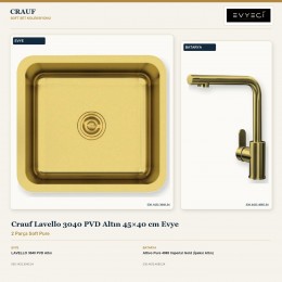 Crauf Lavello 3040 PVD Altın 45×40 cm Evye + Attivo Pure 4065 Imperial Gold (İpeksi Altın) Batarya | 2 Parça Soft Pure
