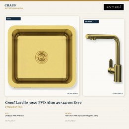 Crauf Lavello 3050 PVD Altın 49×44 cm Evye + Attivo Pure 4065 Imperial Gold (İpeksi Altın) Batarya | 2 Parça Soft Pure