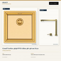 Crauf Vertice 4848 PVD Altın 48×48 cm Evye + Vertice 4055 Imperial Gold (İpeksi Altın) Batarya | 2 Parça Soft Pure