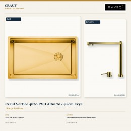 Crauf Vertice 4870 PVD Altın 70×48 cm Evye + Vertice 4055 Imperial Gold (İpeksi Altın) Batarya | 2 Parça Soft Pure