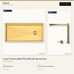 Crauf Vertice 4898 PVD Altın 98×48 cm Evye + Vertice 4055 Imperial Gold (İpeksi Altın) Batarya | 2 Parça Soft Pure
