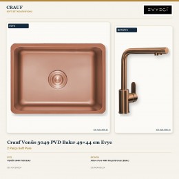 Crauf Venüs 3049 PVD Bakır 49×44 cm Evye + Attivo Pure 4065 Royal Bronze (Bakır) Batarya | 2 Parça Soft Pure