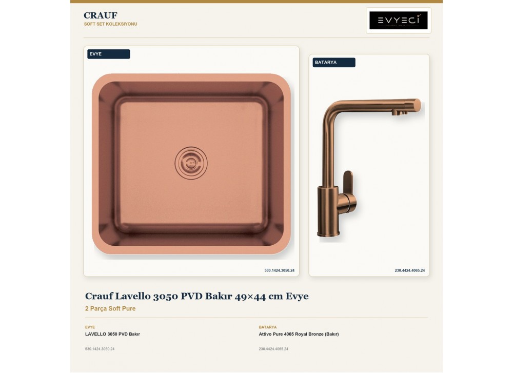 Crauf Lavello 3050 PVD Bakır 49×44 cm Evye + Attivo Pure 4065 Royal Bronze (Bakır) Batarya | 2 Parça Soft Pure Crauf Lavello 3050 PVD Bakır 49×44 cm Evye + Attivo Pure 4065 Royal Bronze (Bakır) Batarya | 2 Parça Soft Pure
