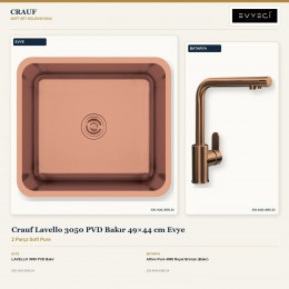 Crauf Lavello 3050 PVD Bakır 49×44 cm Evye + Attivo Pure 4065 Royal Bronze (Bakır) Batarya | 2 Parça Soft Pure