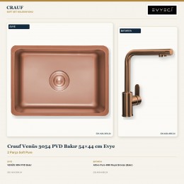 Crauf Venüs 3054 PVD Bakır 54×44 cm Evye + Attivo Pure 4065 Royal Bronze (Bakır) Batarya | 2 Parça Soft Pure
