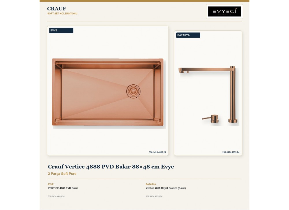 Crauf Vertice 4888 PVD Bakır 88×48 cm Evye + Vertice 4055 Royal Bronze (Bakır) Batarya | 2 Parça Soft Pure Crauf Vertice 4888 PVD Bakır 88×48 cm Evye + Vertice 4055 Royal Bronze (Bakır) Batarya | 2 Parça Soft Pure