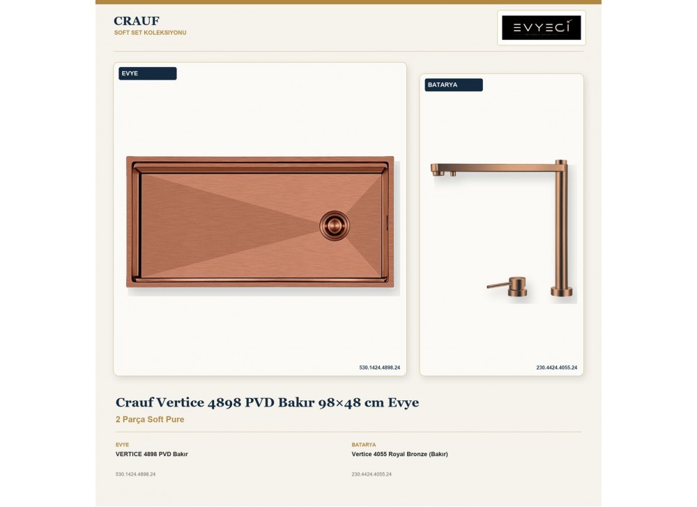 Crauf Vertice 4898 PVD Bakır 98×48 cm Evye + Vertice 4055 Royal Bronze (Bakır) Batarya | 2 Parça Soft Pure