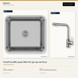 Crauf Lavello 3040 Mat Gri 45×40 cm Evye + Attivo Pure 4065 Platinum Satin (İnox) Batarya | 2 Parça Soft Pure
