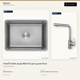 Crauf Venüs 3049 Mat Gri 49×44 cm Evye + Attivo Pure 4065 Platinum Satin (İnox) Batarya | 2 Parça Soft Pure