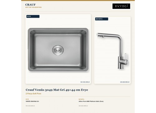 Crauf Venüs 3049 Mat Gri 49×44 cm Evye + Attivo Pure 4065 Platinum Satin (İnox) Batarya | 2 Parça Soft Pure