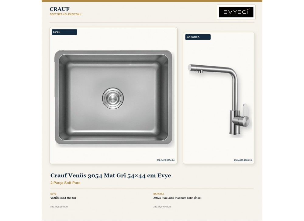 Crauf Venüs 3054 Mat Gri 54×44 cm Evye + Attivo Pure 4065 Platinum Satin (İnox) Batarya | 2 Parça Soft Pure Crauf Venüs 3054 Mat Gri 54×44 cm Evye + Attivo Pure 4065 Platinum Satin (İnox) Batarya | 2 Parça Soft Pure