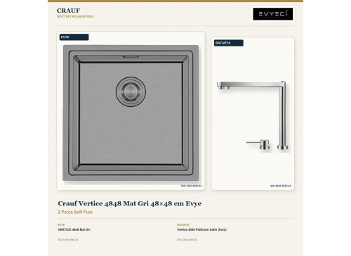 Crauf Vertice 4848 Mat Gri 48×48 cm Evye + Vertice 4055 Platinum Satin (İnox) Batarya | 2 Parça Soft Pure