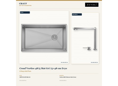 Crauf Vertice 4875 Mat Gri 75×48 cm Evye + Vertice 4055 Platinum Satin (İnox) Batarya | 2 Parça Soft Pure