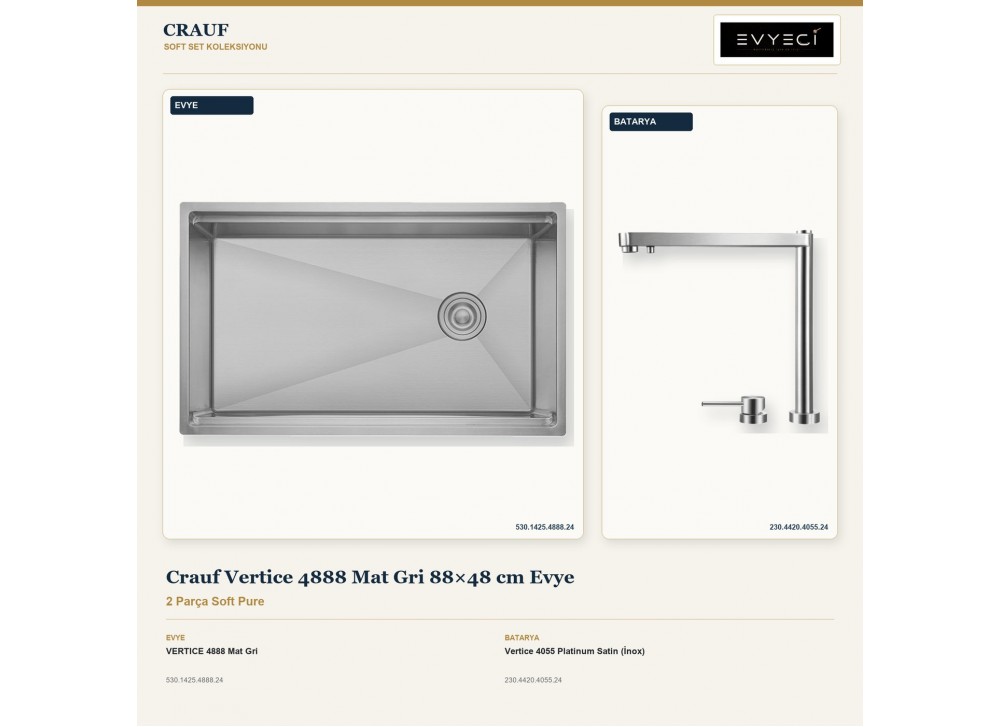 Crauf Vertice 4888 Mat Gri 88×48 cm Evye + Vertice 4055 Platinum Satin (İnox) Batarya | 2 Parça Soft Pure Crauf Vertice 4888 Mat Gri 88×48 cm Evye + Vertice 4055 Platinum Satin (İnox) Batarya | 2 Parça Soft Pure