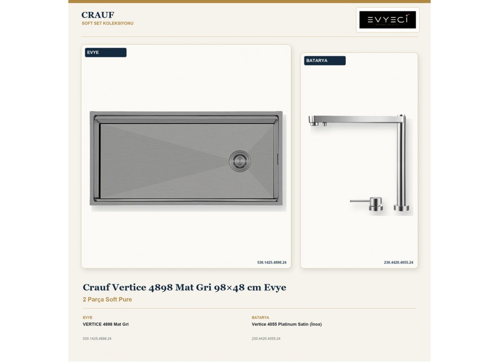 Crauf Vertice 4898 Mat Gri 98×48 cm Evye + Vertice 4055 Platinum Satin (İnox) Batarya | 2 Parça Soft Pure