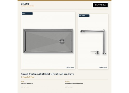 Crauf Vertice 4898 Mat Gri 98×48 cm Evye + Vertice 4055 Platinum Satin (İnox) Batarya | 2 Parça Soft Pure