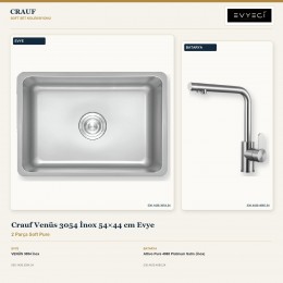 Crauf Venüs 3054 İnox 54×44 cm Evye + Attivo Pure 4065 Platinum Satin (İnox) Batarya | 2 Parça Soft Pure
