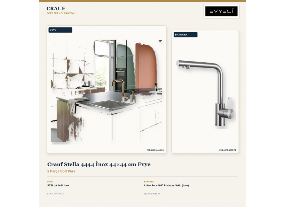 Crauf Stella 4444 İnox 44×44 cm Evye + Attivo Pure 4065 Platinum Satin (İnox) Batarya | 2 Parça Soft Pure Crauf Stella 4444 İnox 44×44 cm Evye + Attivo Pure 4065 Platinum Satin (İnox) Batarya | 2 Parça Soft Pure