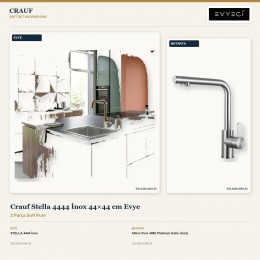 Crauf Stella 4444 İnox 44×44 cm Evye + Attivo Pure 4065 Platinum Satin (İnox) Batarya | 2 Parça Soft Pure