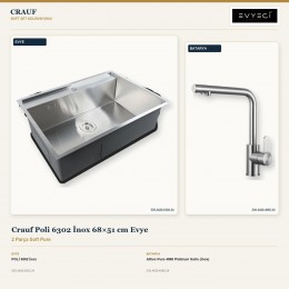 Crauf Poli 6302 İnox 68×51 cm Evye + Attivo Pure 4065 Platinum Satin (İnox) Batarya | 2 Parça Soft Pure