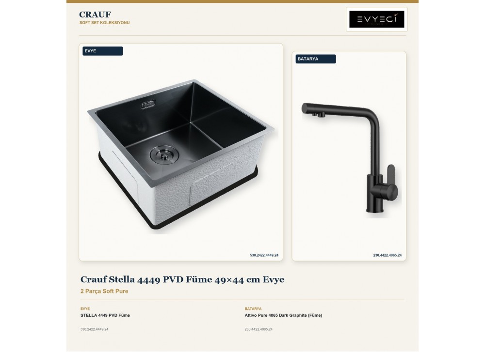 Crauf Stella 4449 PVD Füme 49×44 cm Evye + Attivo Pure 4065 Dark Graphite (Füme) Batarya | 2 Parça Soft Pure Crauf Stella 4449 PVD Füme 49×44 cm Evye + Attivo Pure 4065 Dark Graphite (Füme) Batarya | 2 Parça Soft Pure