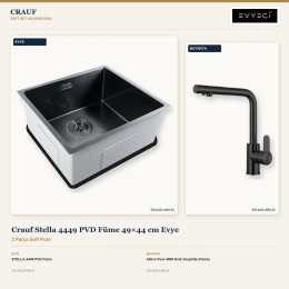 Crauf Stella 4449 PVD Füme 49×44 cm Evye + Attivo Pure 4065 Dark Graphite (Füme) Batarya | 2 Parça Soft Pure