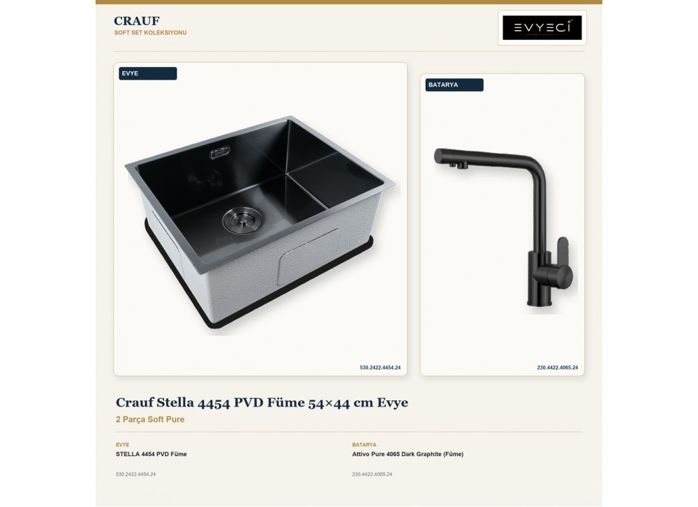 Crauf Stella 4454 PVD Füme 54×44 cm Evye + Attivo Pure 4065 Dark Graphite (Füme) Batarya | 2 Parça Soft Pure Crauf Stella 4454 PVD Füme 54×44 cm Evye + Attivo Pure 4065 Dark Graphite (Füme) Batarya | 2 Parça Soft Pure