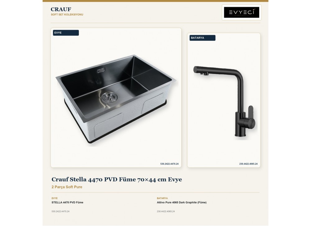Crauf Stella 4470 PVD Füme 70×44 cm Evye + Attivo Pure 4065 Dark Graphite (Füme) Batarya | 2 Parça Soft Pure Crauf Stella 4470 PVD Füme 70×44 cm Evye + Attivo Pure 4065 Dark Graphite (Füme) Batarya | 2 Parça Soft Pure