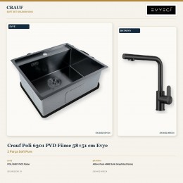 Crauf Poli 6301 PVD Füme 58×51 cm Evye + Attivo Pure 4065 Dark Graphite (Füme) Batarya | 2 Parça Soft Pure