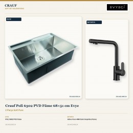 Crauf Poli 6302 PVD Füme 68×51 cm Evye + Attivo Pure 4065 Dark Graphite (Füme) Batarya | 2 Parça Soft Pure