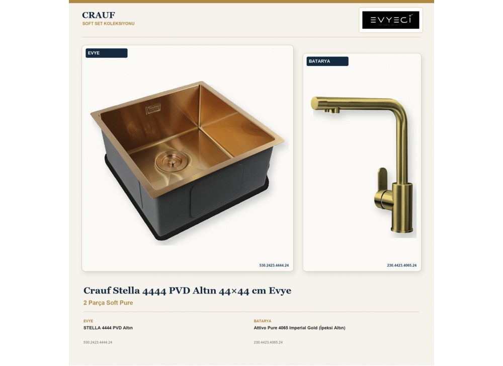 Crauf Stella 4444 PVD Altın 44×44 cm Evye + Attivo Pure 4065 Imperial Gold (İpeksi Altın) Batarya | 2 Parça Soft Pure Crauf Stella 4444 PVD Altın 44×44 cm Evye + Attivo Pure 4065 Imperial Gold (İpeksi Altın) Batarya | 2 Parça Soft Pure