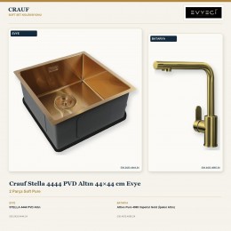 Crauf Stella 4444 PVD Altın 44×44 cm Evye + Attivo Pure 4065 Imperial Gold (İpeksi Altın) Batarya | 2 Parça Soft Pure